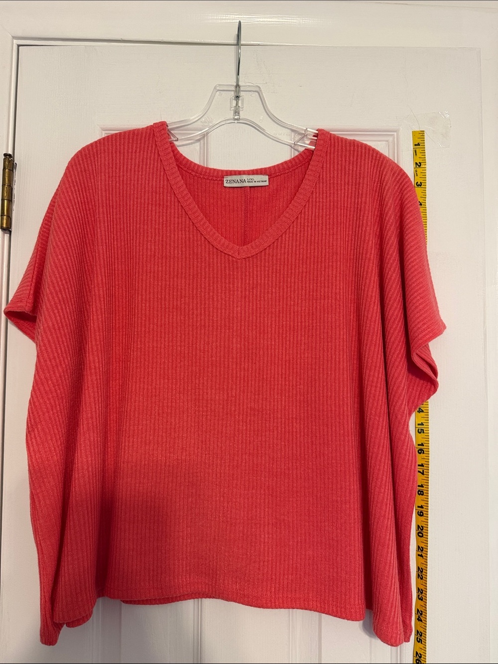 Zenana Outfitters Coral Ribbed V-Neck Top - Bright Coral